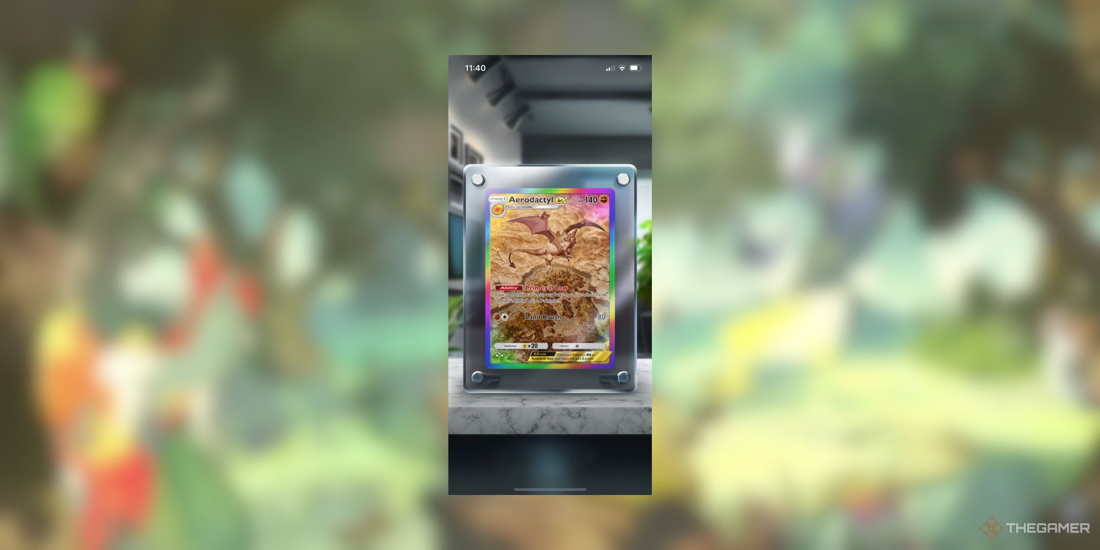 Pokemon Pocket Sleek Frame display board with Areodactyl ex card.