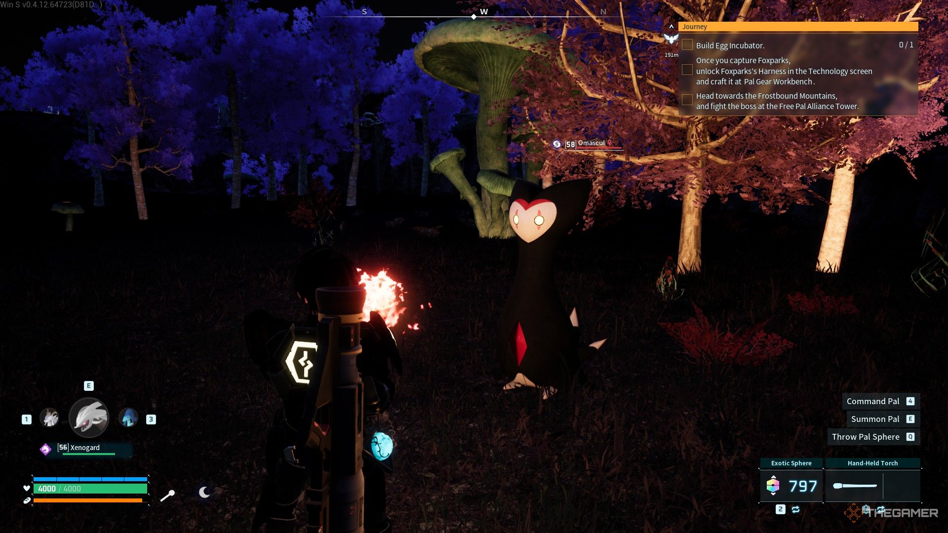 The player is standing next to a wild Omascul at night time in Palworld.