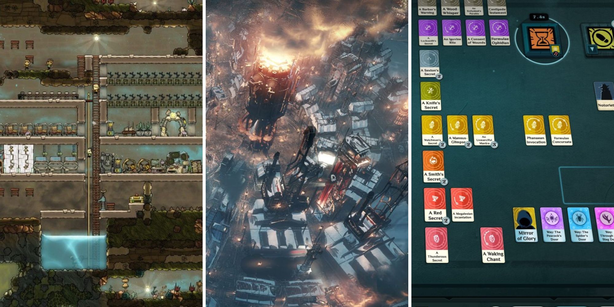 Screen shots from the three management games Oxygen Not Included, Frostpunk, and Cultist Simulator