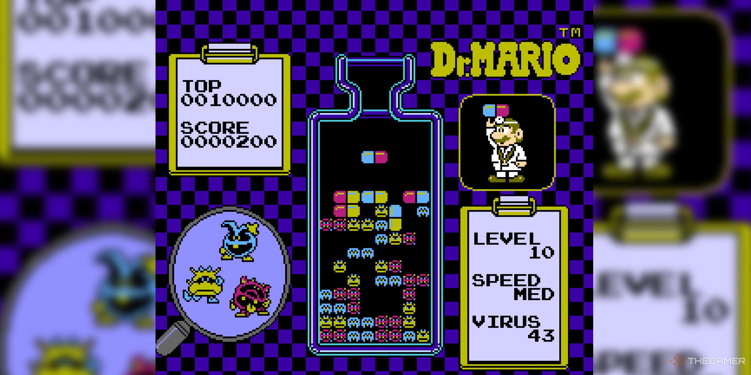 A screenshot from Dr. Mario, showing Mario throwing multicolored pills at red, yellow, and blue viruses.