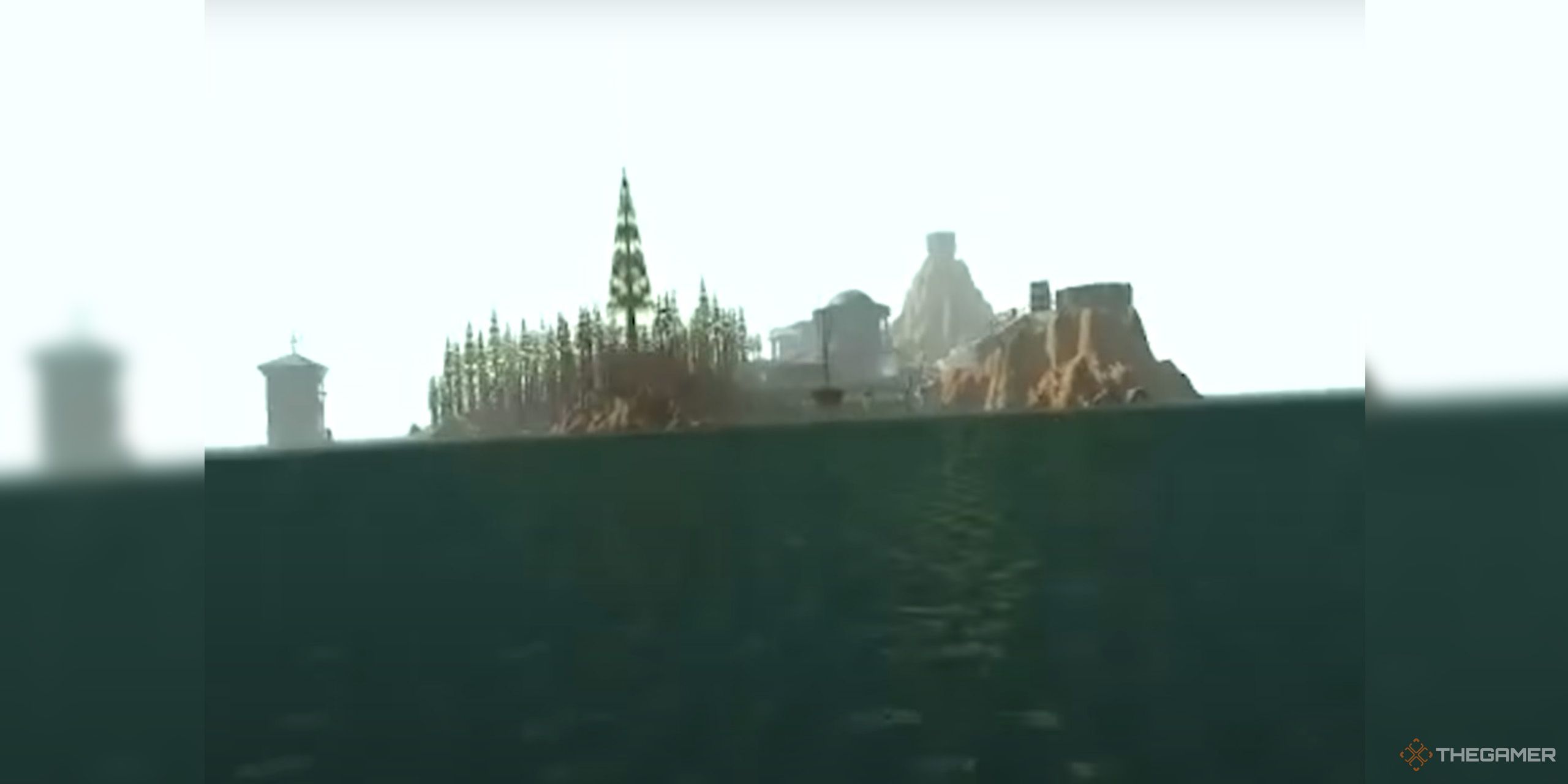 A foggy island sits in the middle of a vast ocean in Myst.