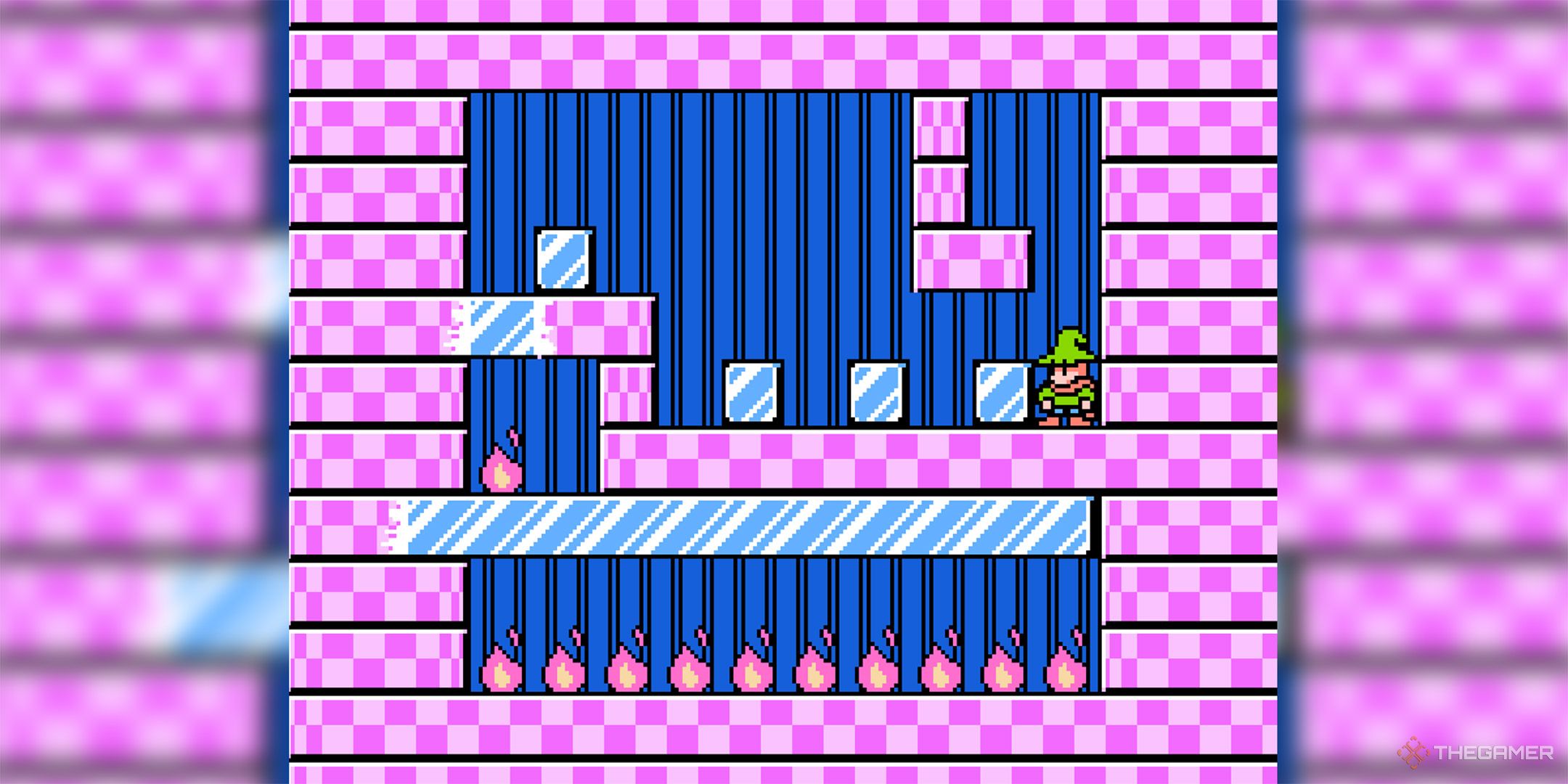 A screenshot from Fire 'n Ice, in which Dana faces three ice cubes on a platform above a sea of fire.