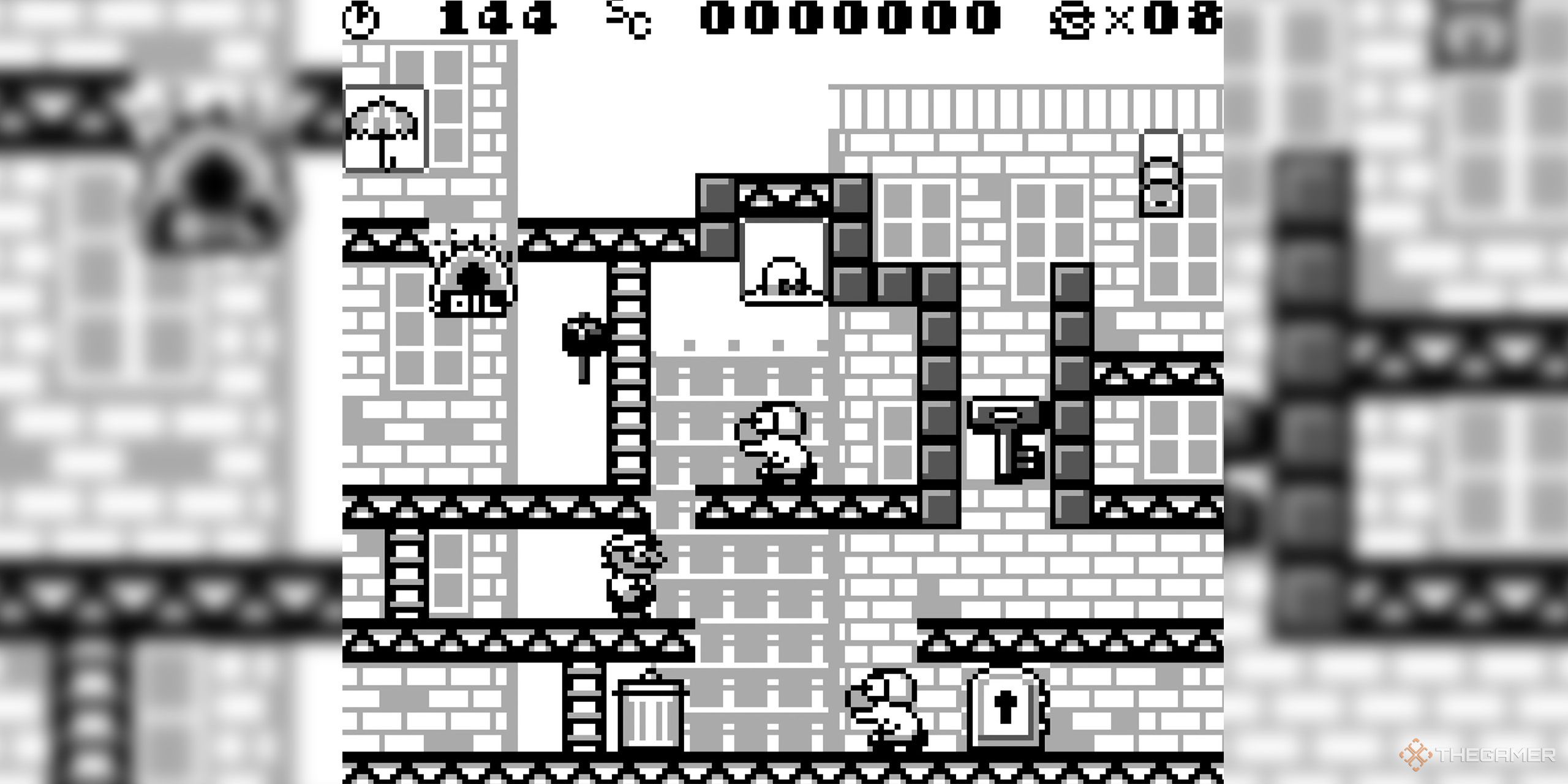 A screenshot from Donkey Kong '94, in which Mario stands in the middle of an enemy-filled construction site.