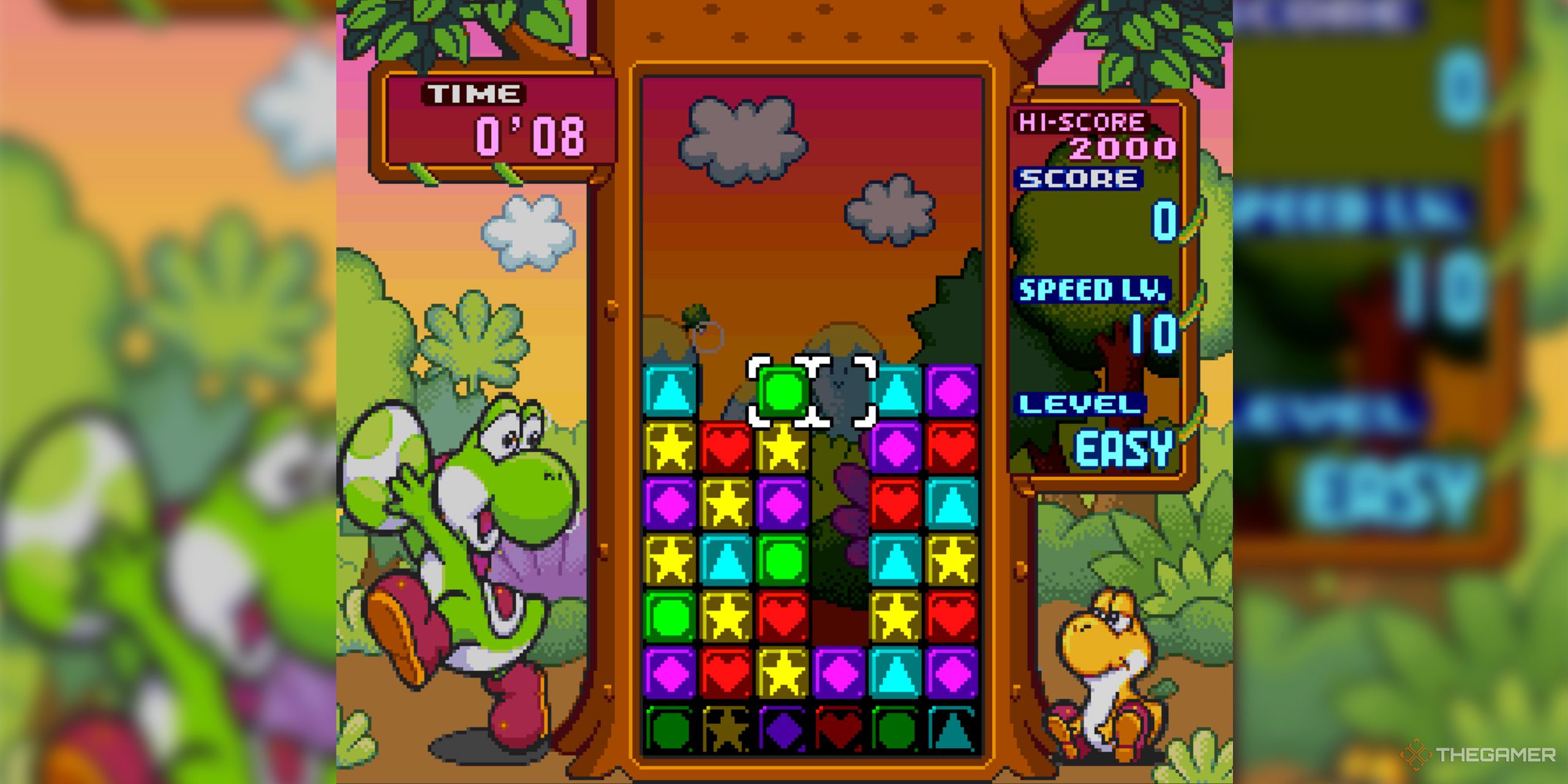 A screenshot from Tetris Attack, in which a green and yellow Yoshi stand on either side of the game board.