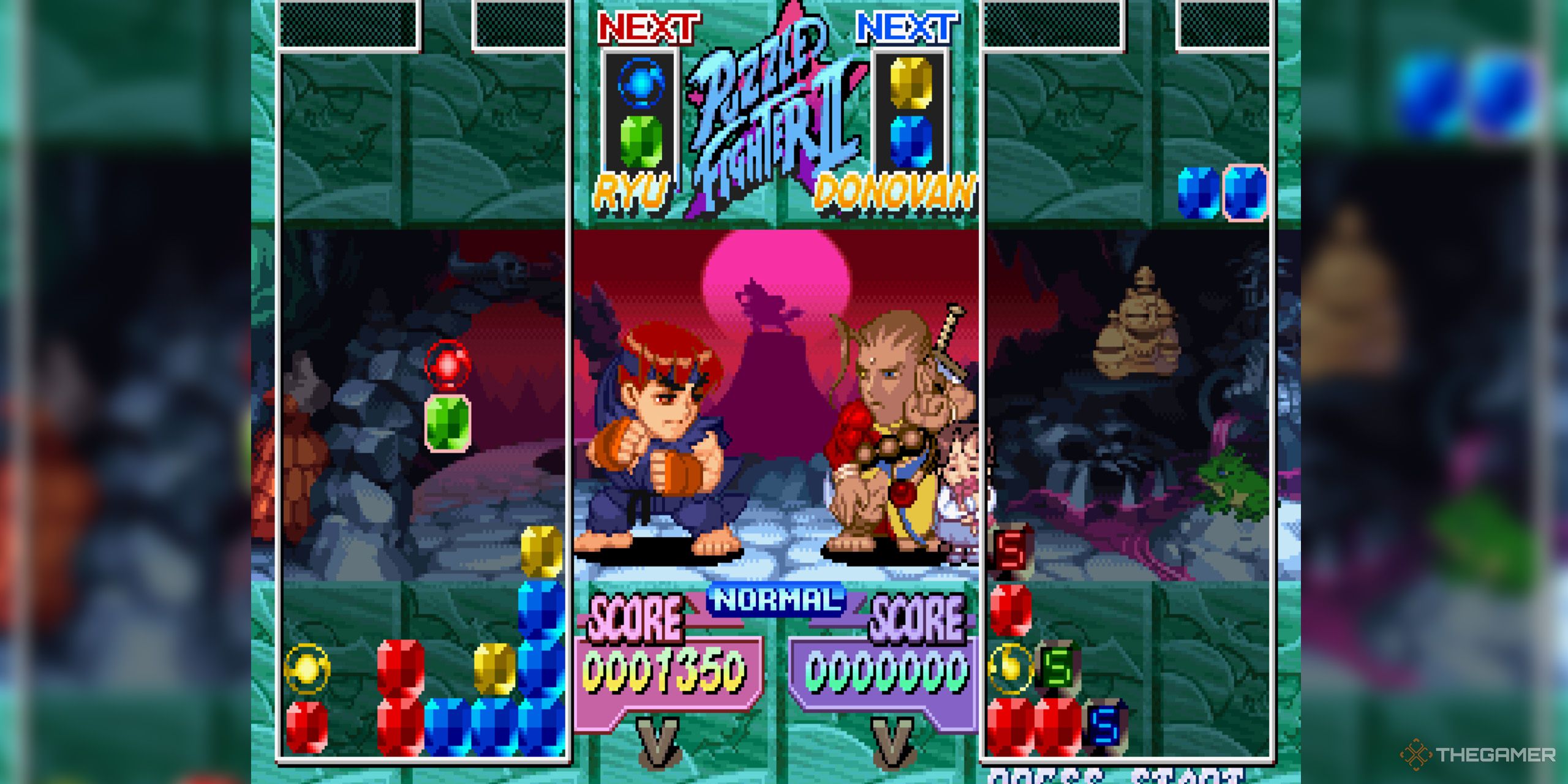 A screenshot of Super Puzzle Fighter 2 Turbo, in which Ryu fights Donovan in between two game boards.