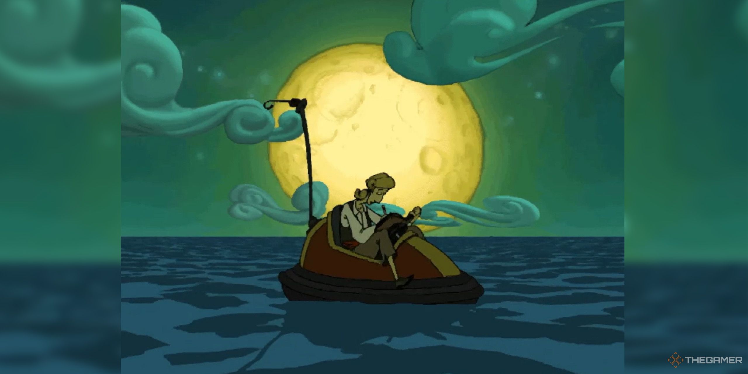 A screenshot from The Curse of Monkey Island, in which a blond-haired man sits on a tiny boat during a full moon.