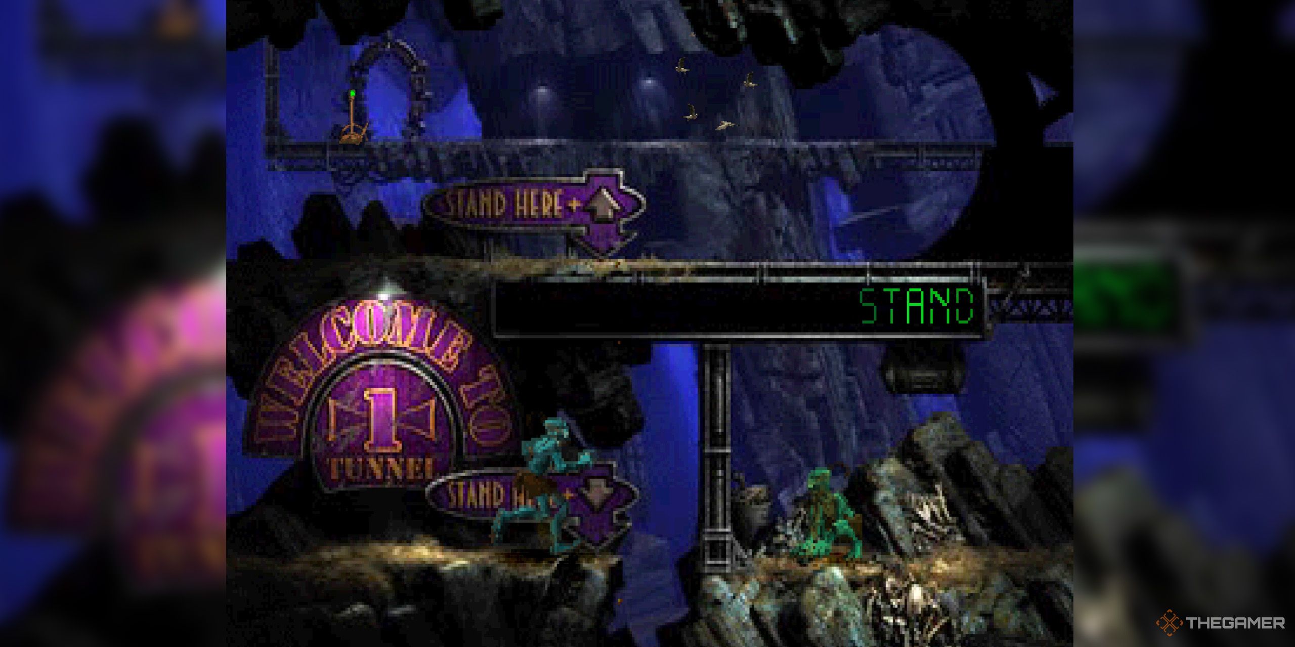 A screenshot from Oddworld: Abe's Exoddus, in which a blue alien approaches a green alien in a dark cave.