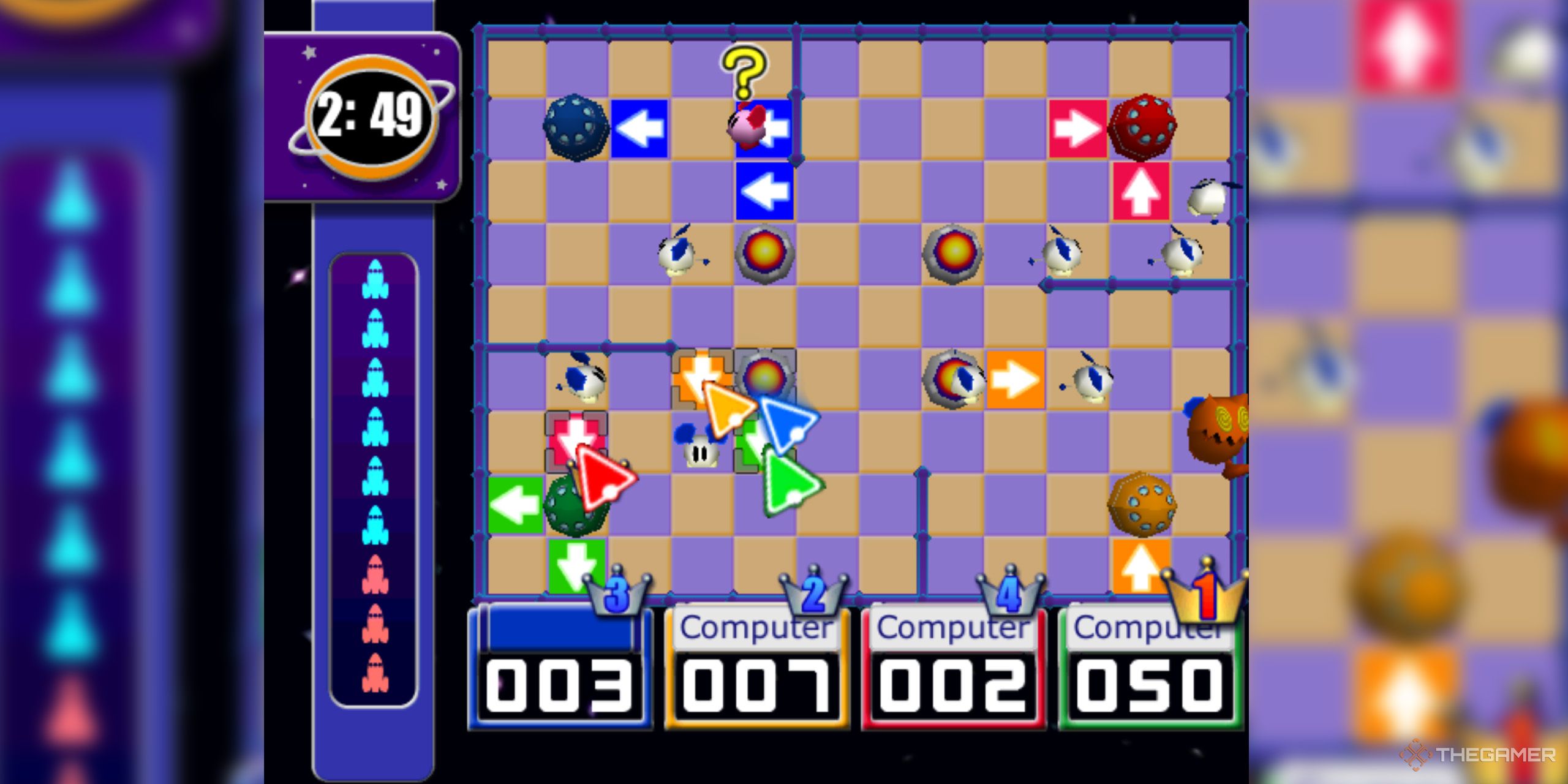 A screenshot from ChuChu Rocket, in which four players place arrows on the ground to guide mice to their rocket ships.