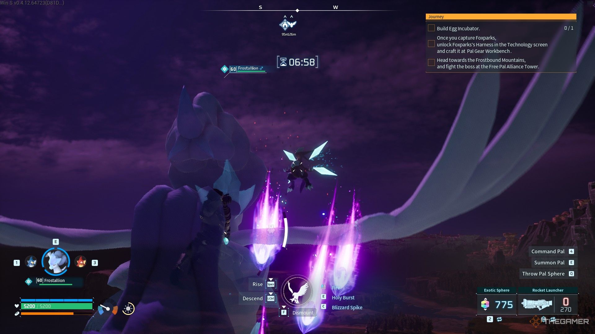 Xenolord is flying on the air and attacks while the player rides on Frostallion in Palworld.