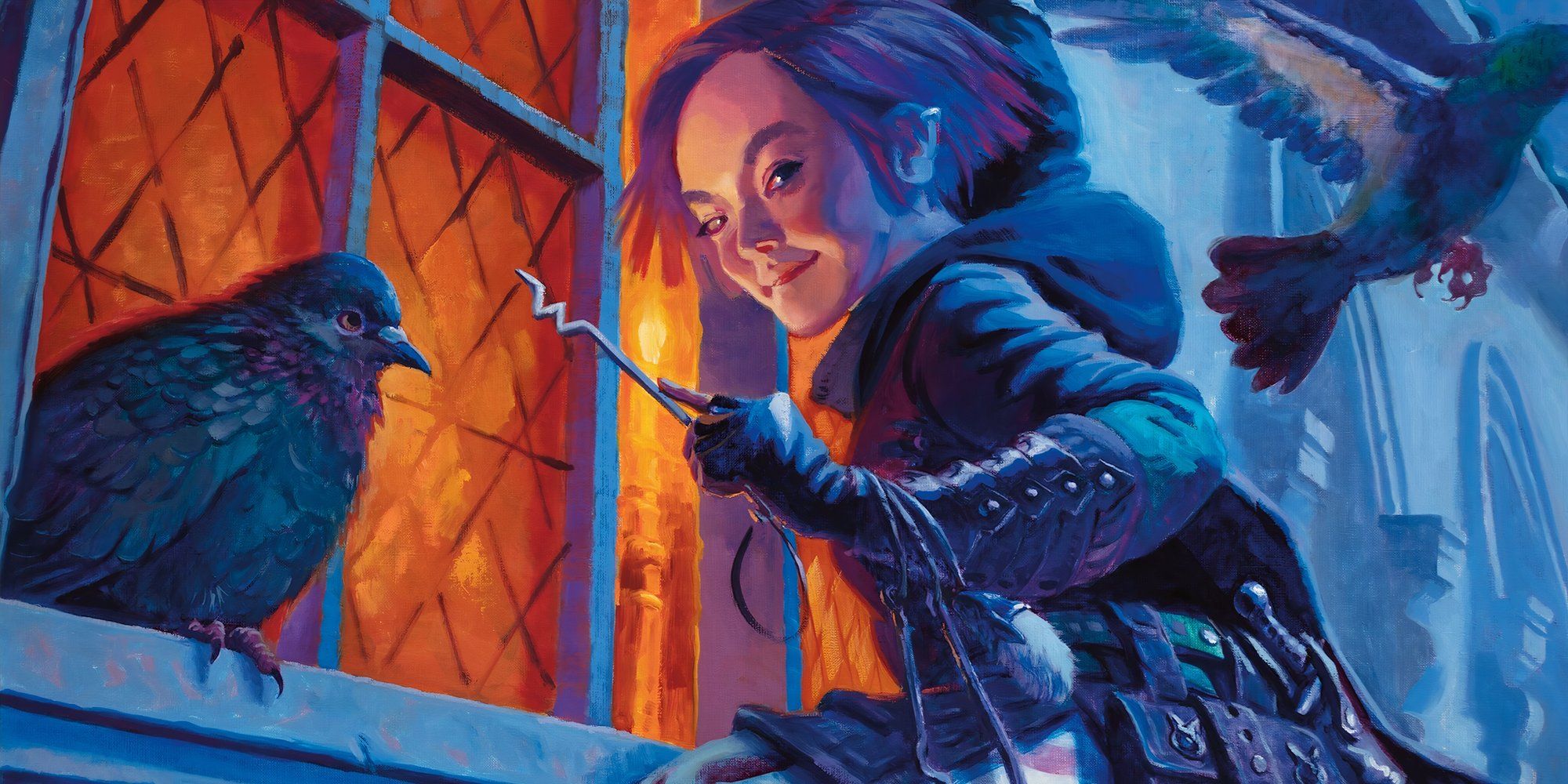 Image of a Alora, Merry Thief by Aaron Miller, featuring a rogue using thieve's tools to infiltrate a manor.