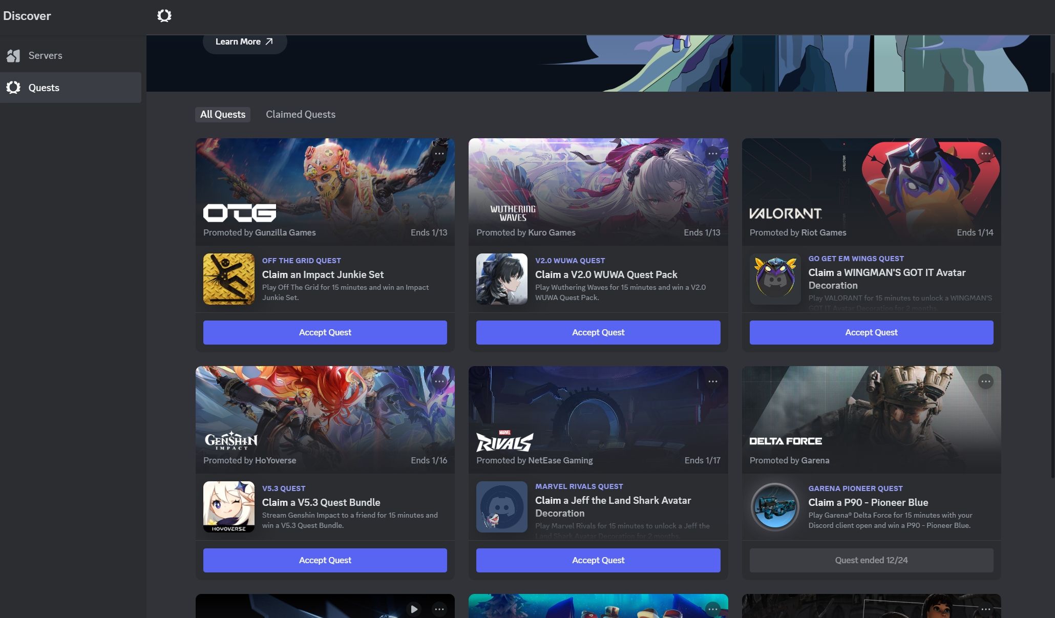 Picture of all available quests in the Discord app