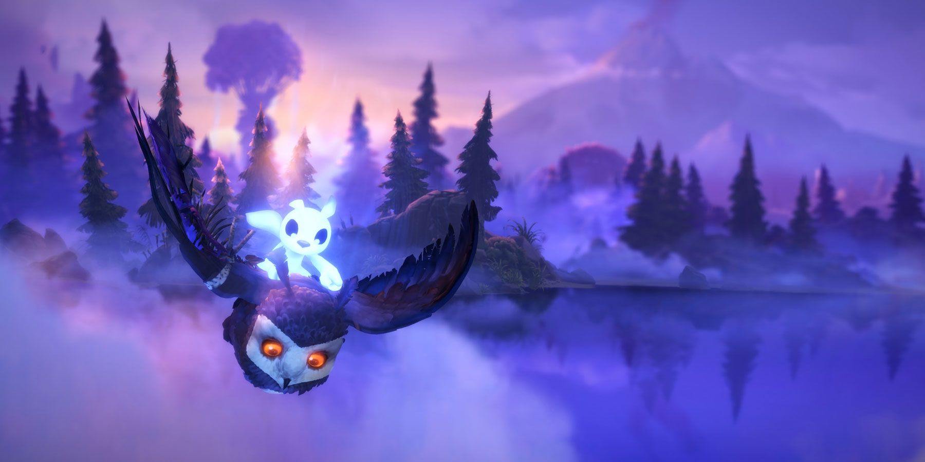 Ori riding Kuru in Ori and the Wills of the Wisp.