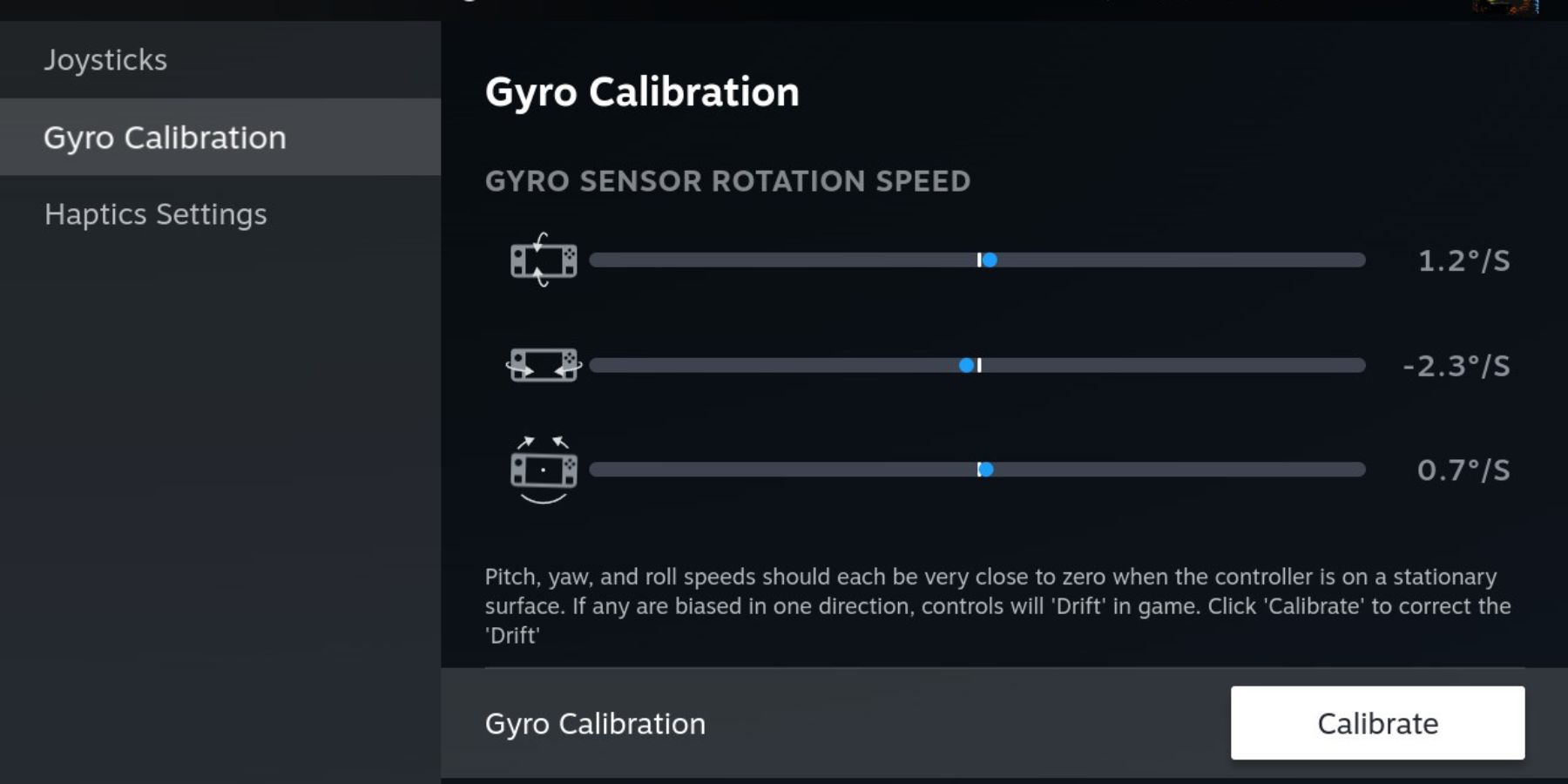 Gyro Calibration Button on Steam Deck