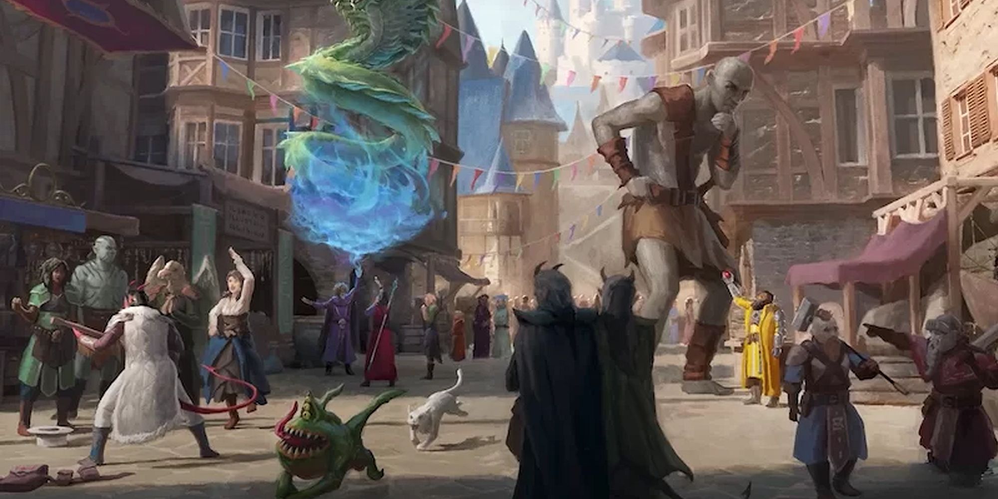 Dungeons & Dragons art of species of all sorts wander around a town square.