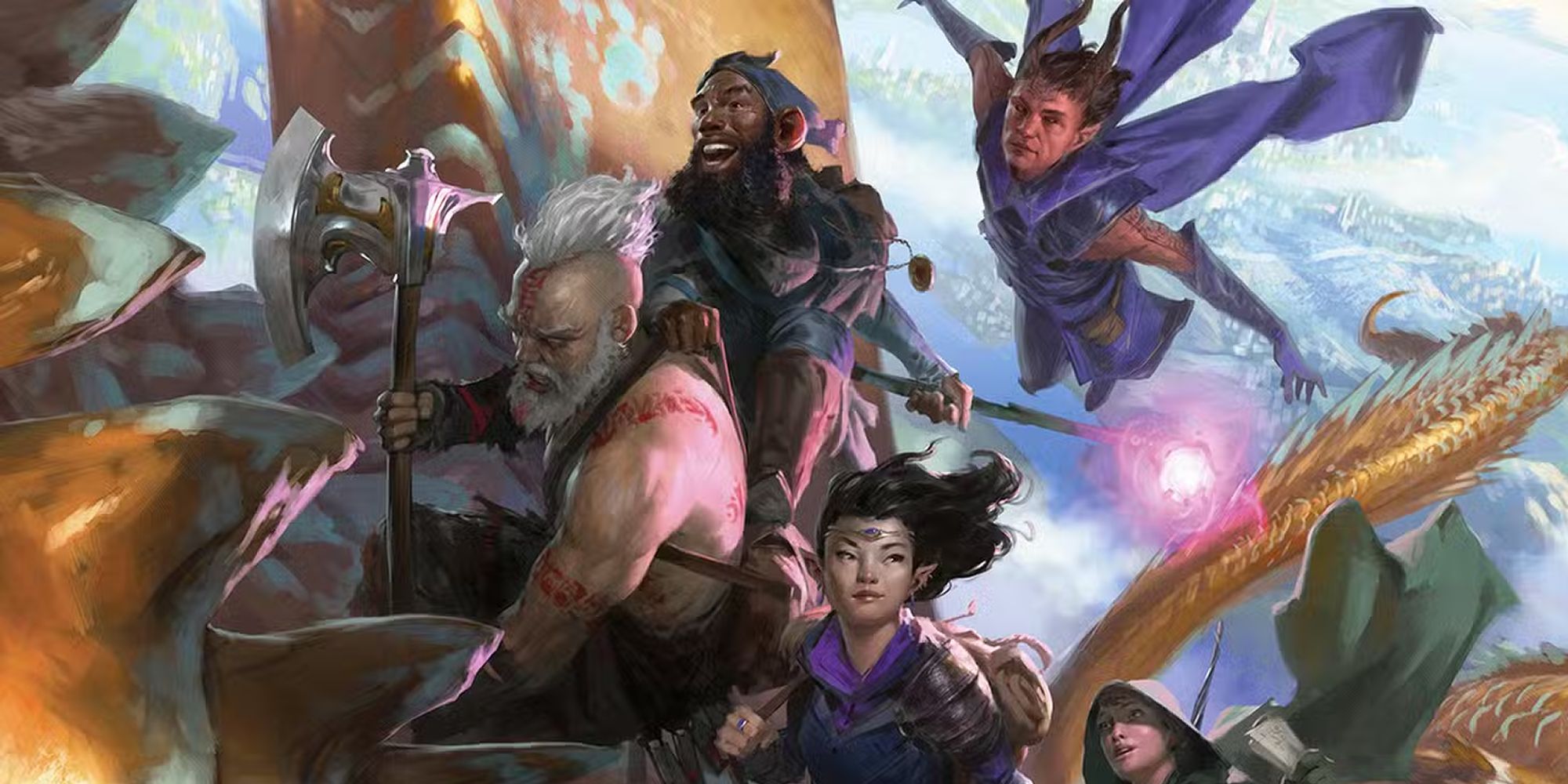 Dungeons & Dragons art of a party of adventurers take to the skies.