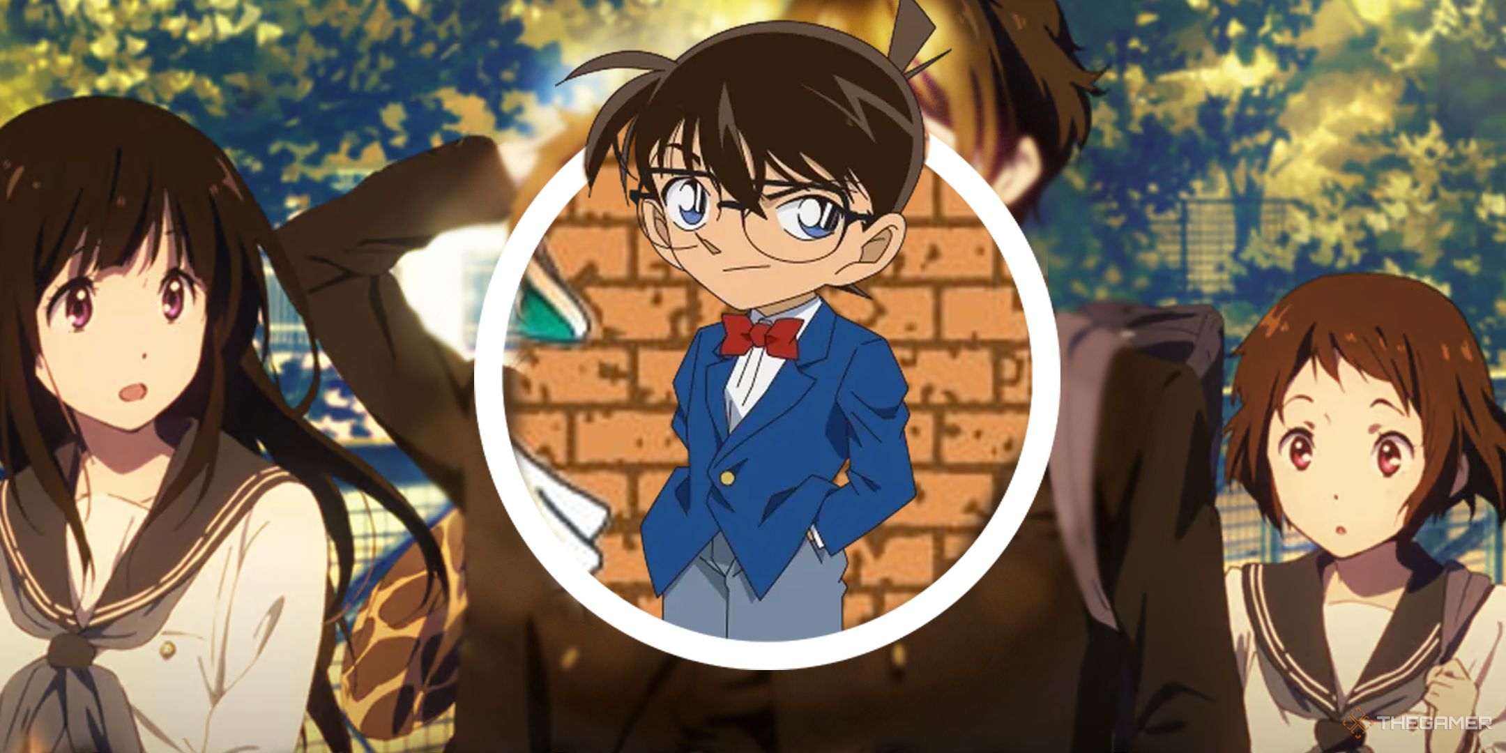 Detective Conan is featured in the center of a circle, with Hyouka's main cast in the background.