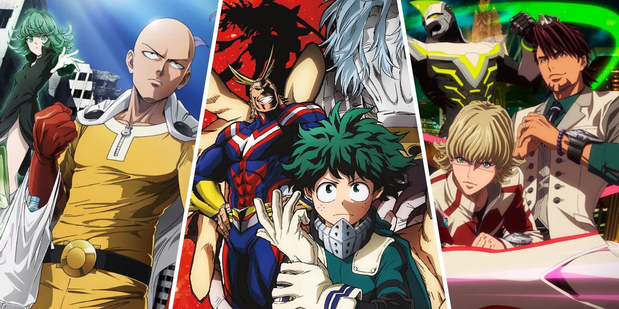 A collage of One-Punch Man, My Hero Academia and Tiger & Bunny.