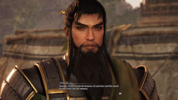 Dynasty Warriors: Origins screenshot of Guan Yu in conversation with the player character.