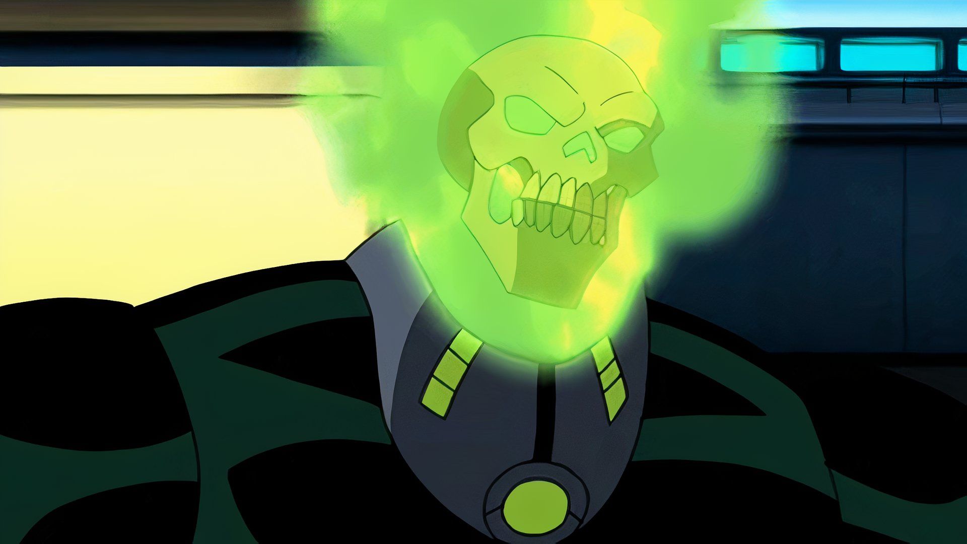 Atomic Skull with his head enveloped in flames with energy radiating from his body in DC.