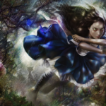 Concept art shows American McGee's Alice flying through the air.