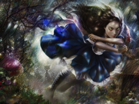 Concept art shows American McGee's Alice flying through the air.