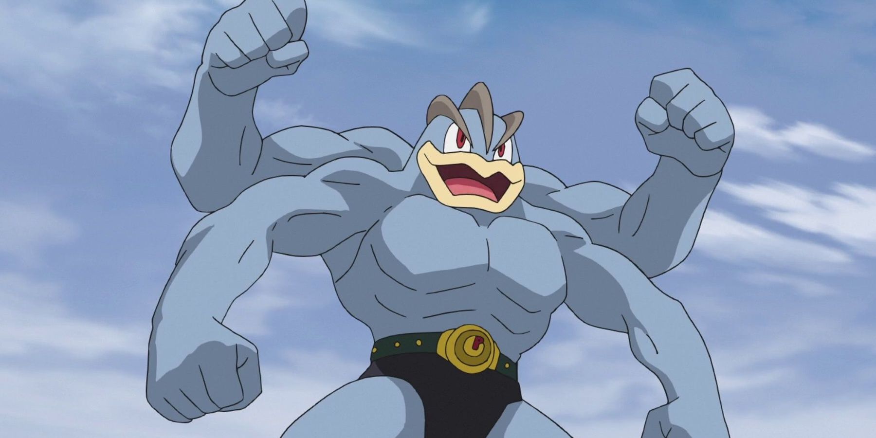 Machamp stands flexing its four arms, ready for battle