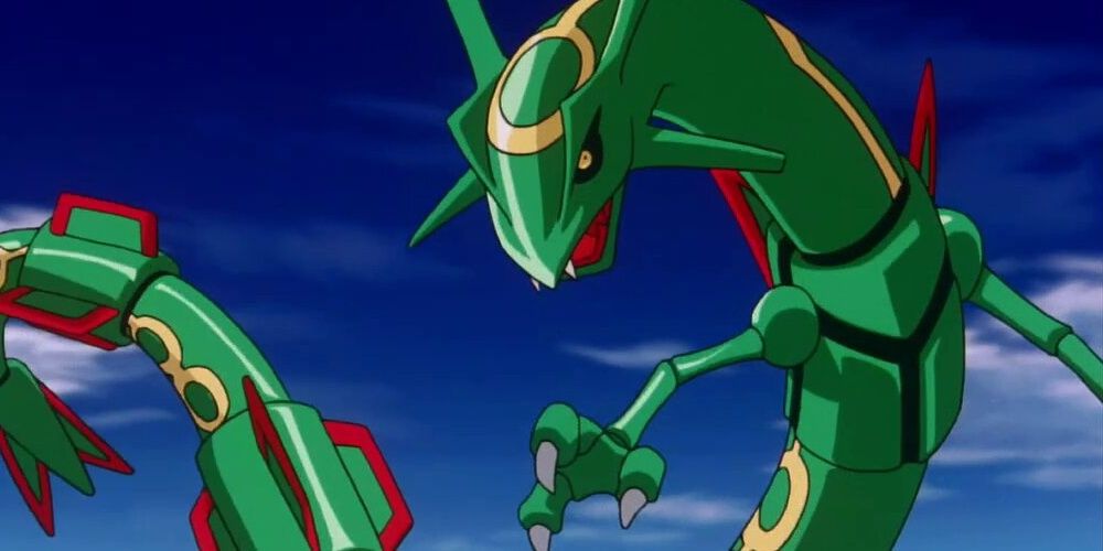 Rayquaza prepares for battle, head down in a charging position