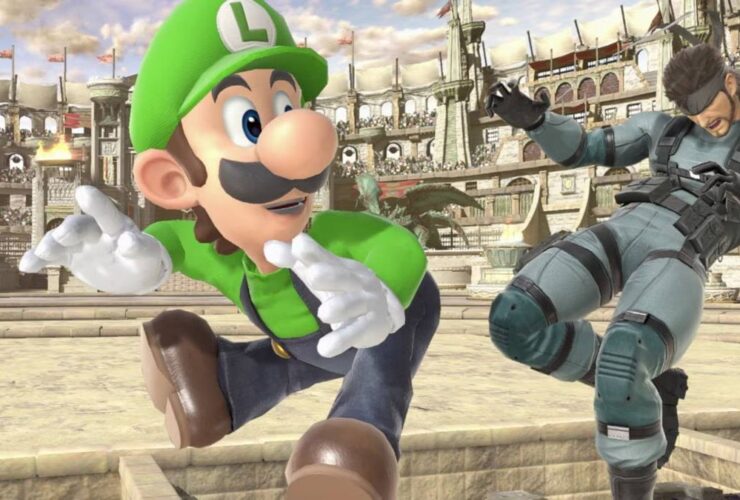 Luigi fighting Snake in Super Smash Bros. Ultimate.