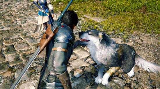 Best JRPGs: Clive petting Torgal in FF16