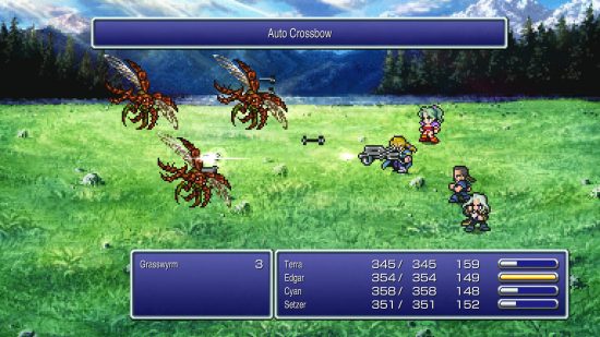 Best JRPGs: Edgar is firing his crossbow at flying enemies in Final Fantasy 6.