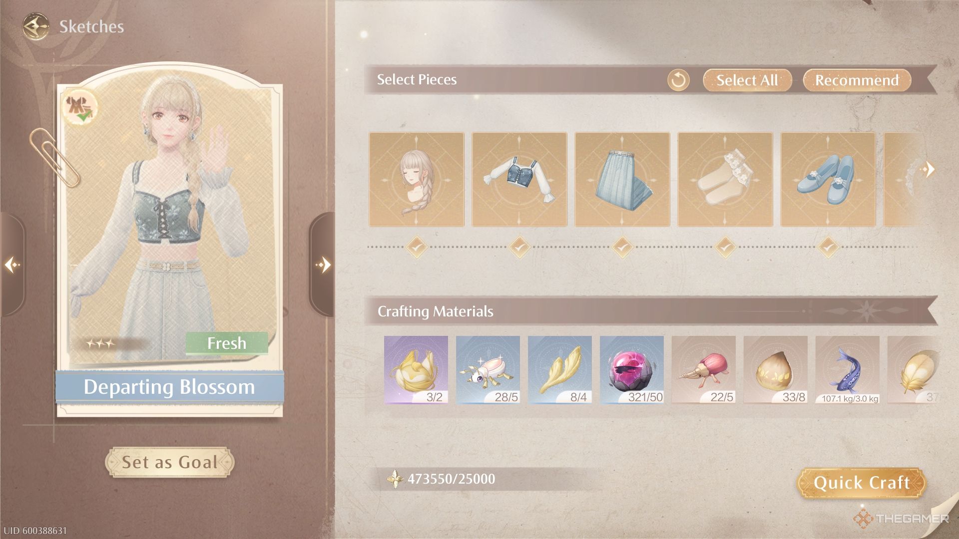 The Departing Blossom sketches in the crafting menu.