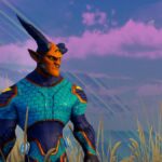 A screenshot from the pre-alpha of Stars Reach, showing a buff, masculine character with large horns stood in front of a blue sky with pink clouds.