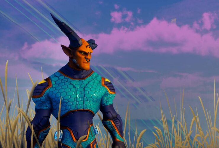 A screenshot from the pre-alpha of Stars Reach, showing a buff, masculine character with large horns stood in front of a blue sky with pink clouds.