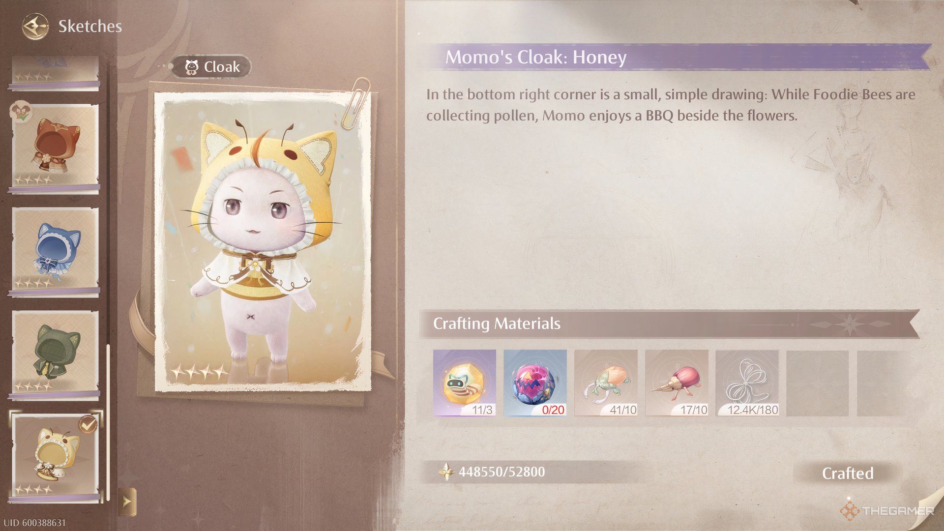 Crafting Momo's Honey cloak.