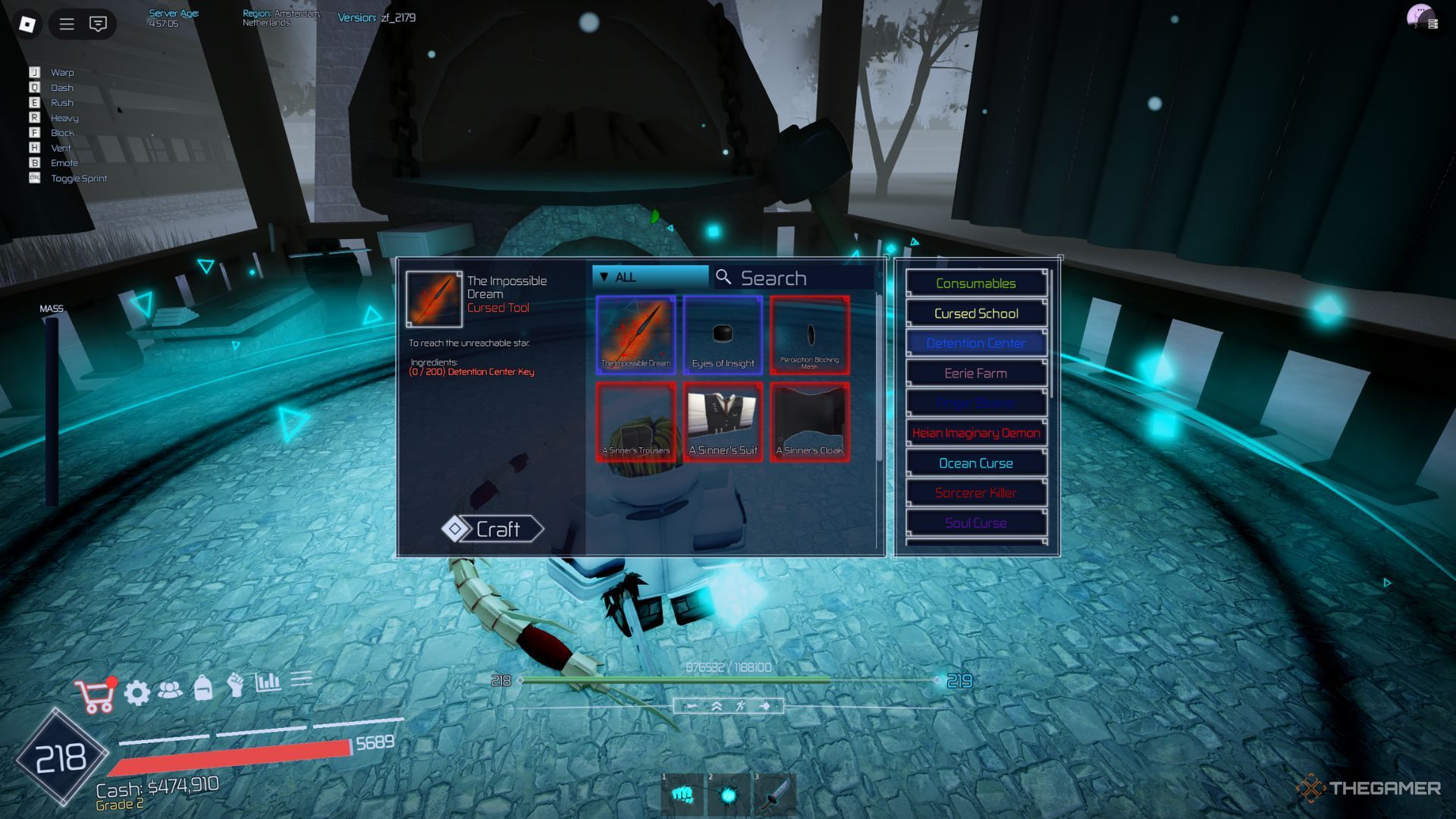 The player character shows The Impossible Dream weapon in a crafting station located in the main lobby in Jujutsu Infinite.