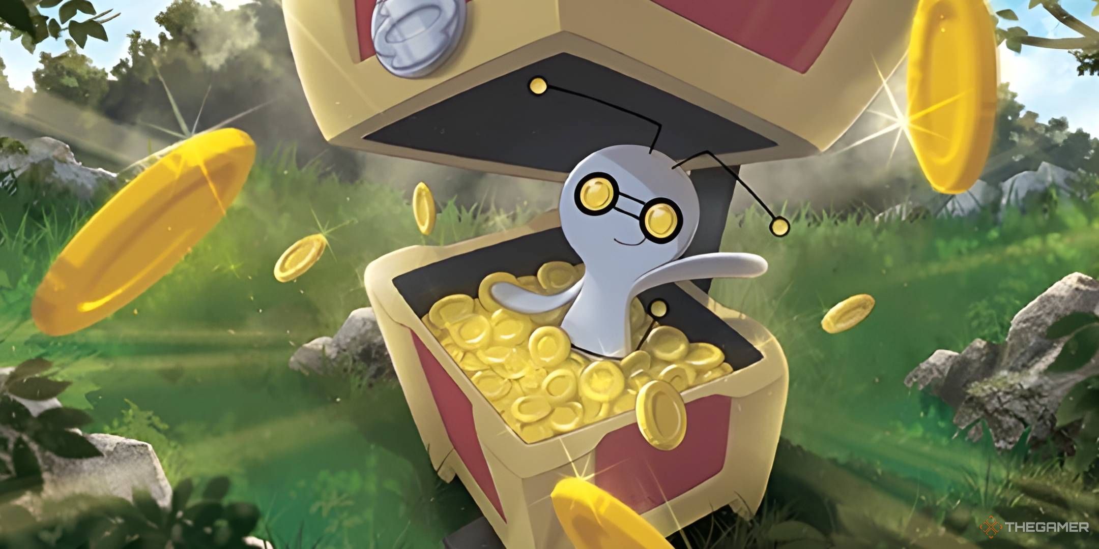 Gimmighoul, half buried in coins in a treasure chest, throws golden coins towards the viewer.