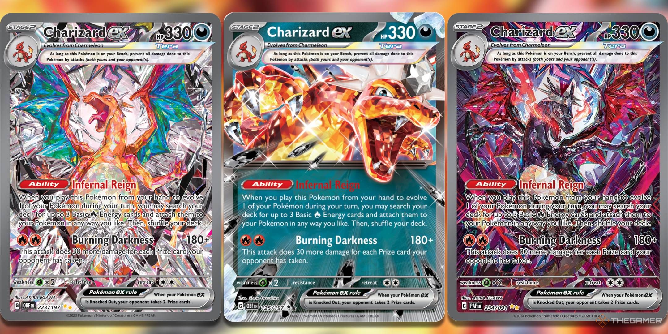 Three different prints of the Charizard ex tera card.