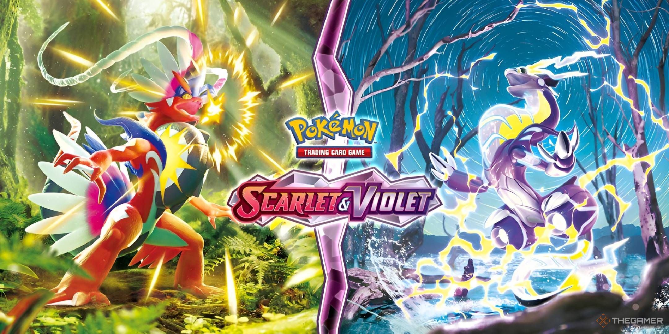 A collage showing Koraidon roaring in a fern forest on the left and Miraidon surrounded by lightning in a bare forest on the right. They're separated by a purple crystal and the Scarlet & Violet logo.