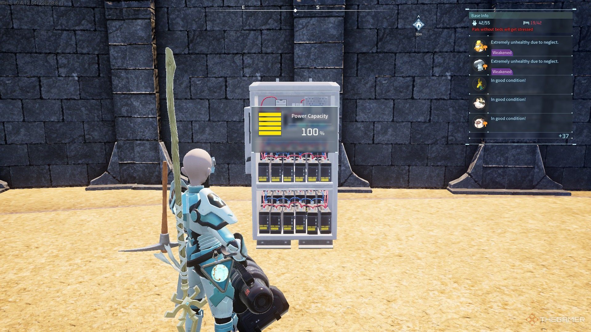 The image shows the player standing in front of a fully charged Accumulator in Palworld.