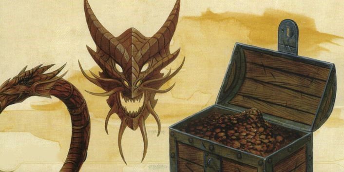 Dragon Mask, Staff, and Chest of Coins From Dungeons & Dragons 5e Player's Handbook.