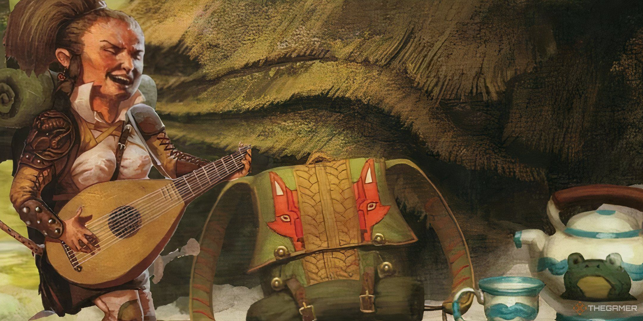 Halfling Bard Performing on Lute beside a Backpack And Froggy Tea Set in Dungeons & Dragons.