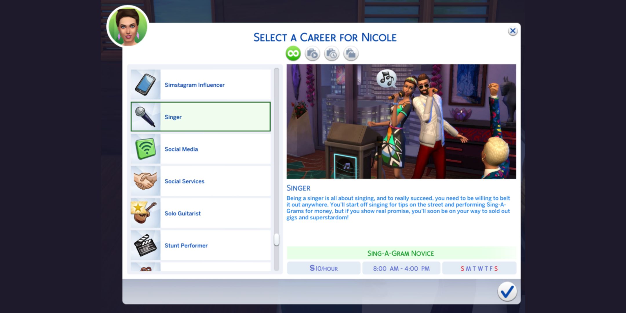 A Sim looking at the singing career in The Sims 4.