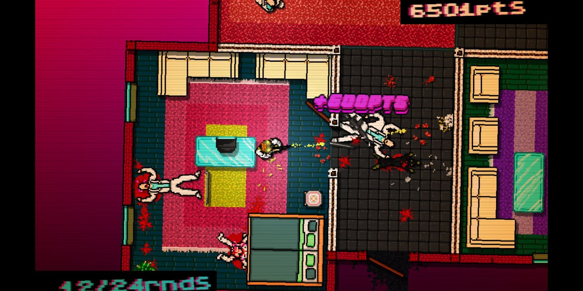 A bloody top down view of a gunfight in Hotline Miami.