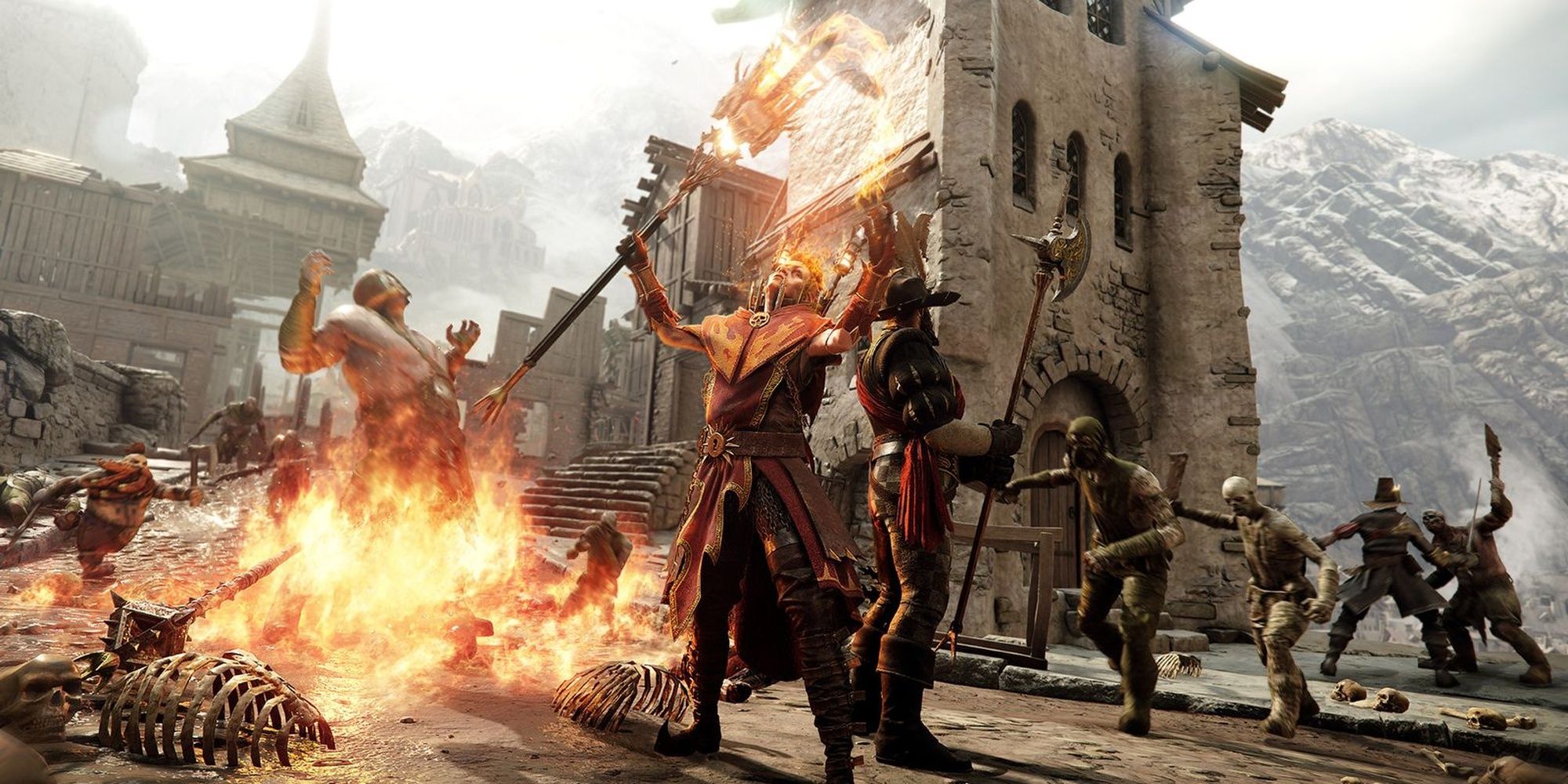 The Unchained Pyromancer Conjuring Ethereal Fire As A Group Of Enemies Attack In Warhammer: Vermintide 2.