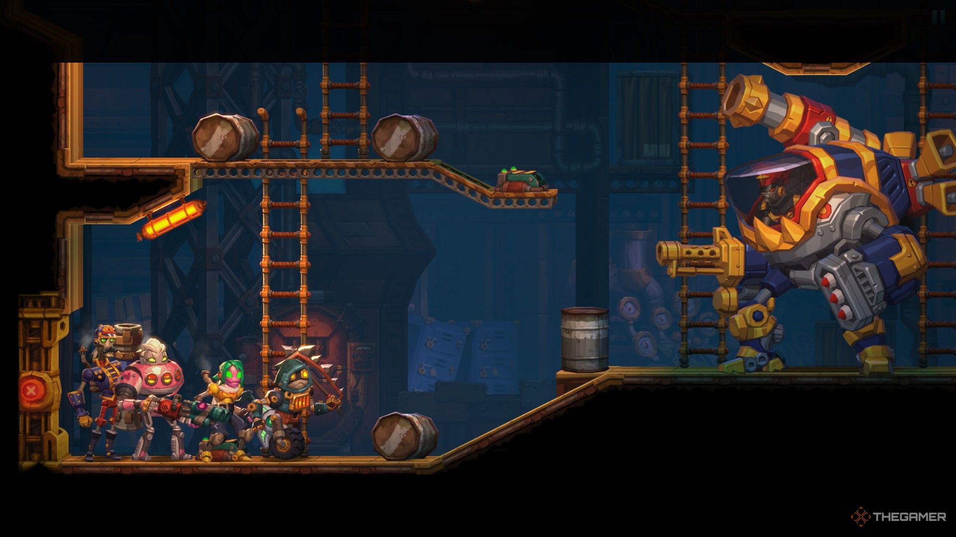 Wesley, Chimney, Daisy, and Poe prepare for a boss fight against the Navy Commander's mech in Steamworld Heist II.