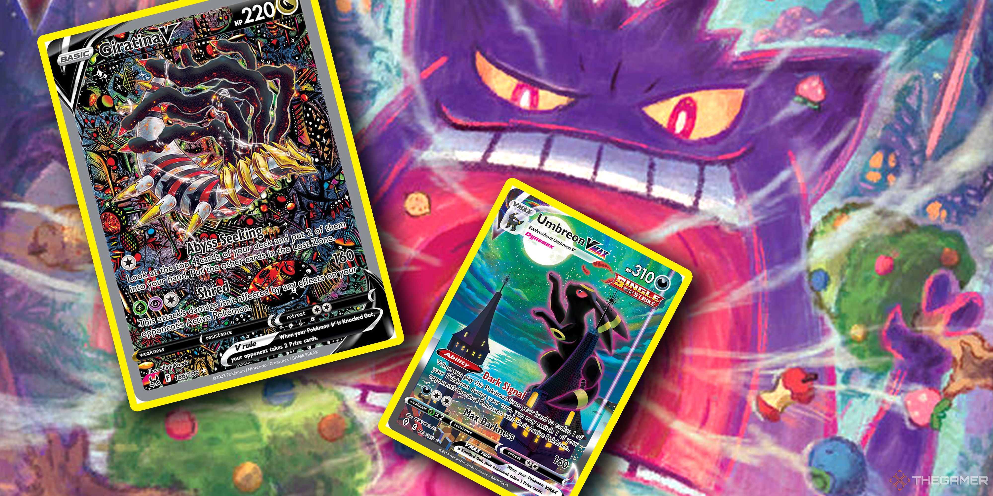 Gengar VMAX consuming a forest along with an Umbreon VMAX from Evolving Skies and a Giratina V from Lost Origin.