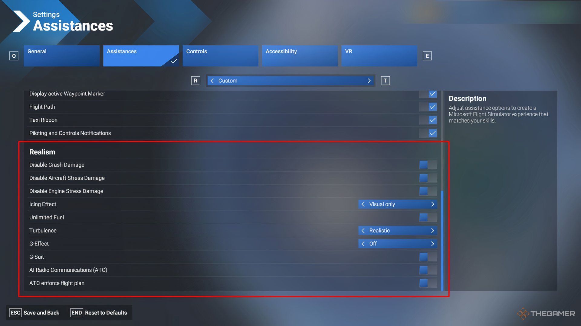 Showcasing the Realism tab in Assistance Settings In Microsoft Flight Simulator 2024's Settings menu.
