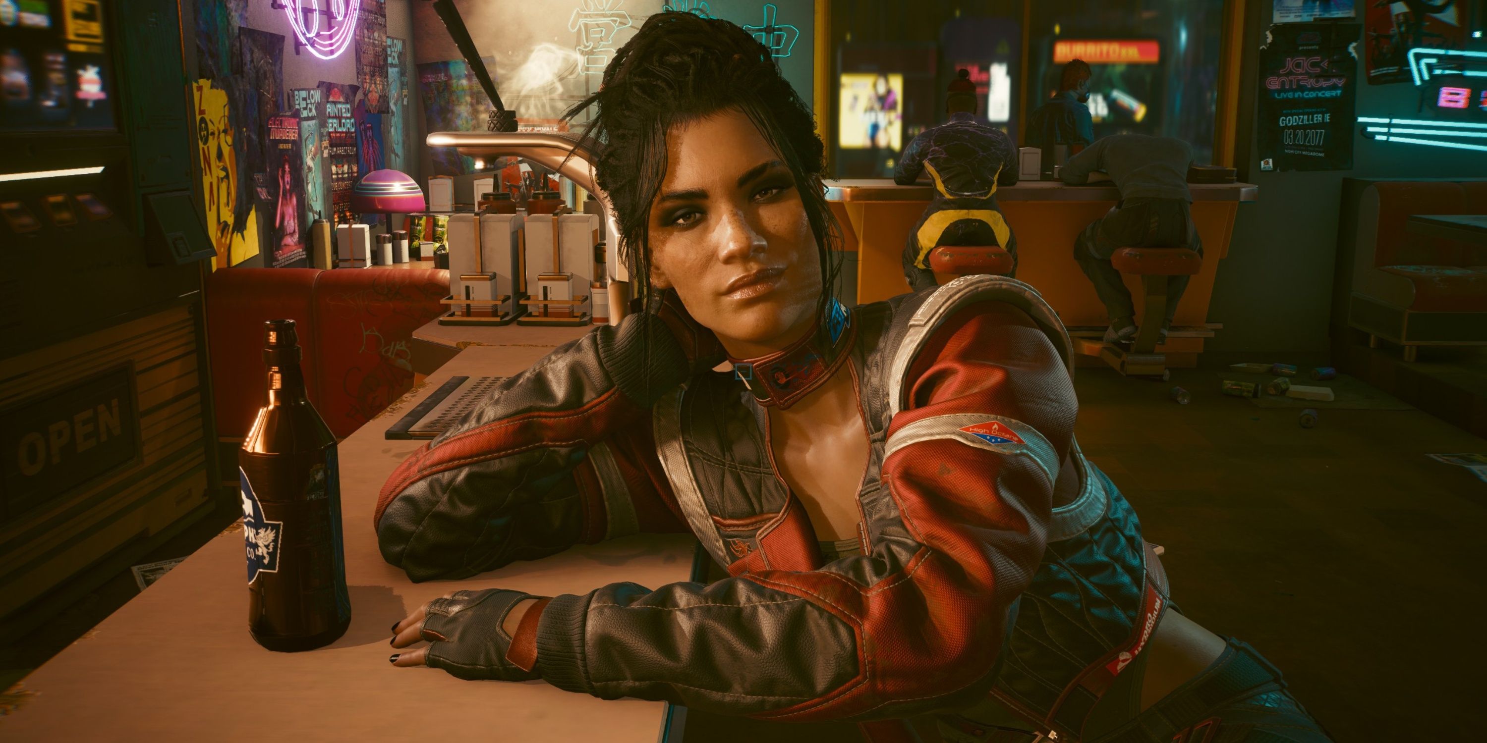 panam palmer smiling with a beer in Cyberpunk 2077