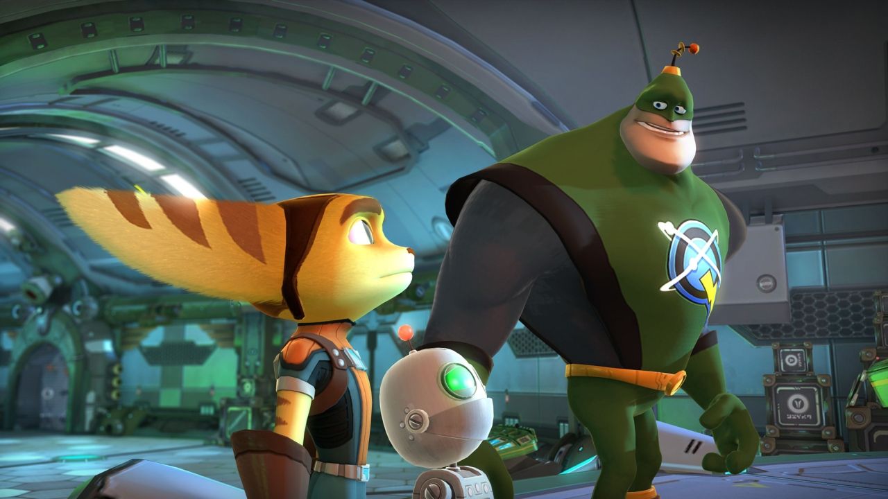 Ratchet, Clank and Qwark in a cutscene.