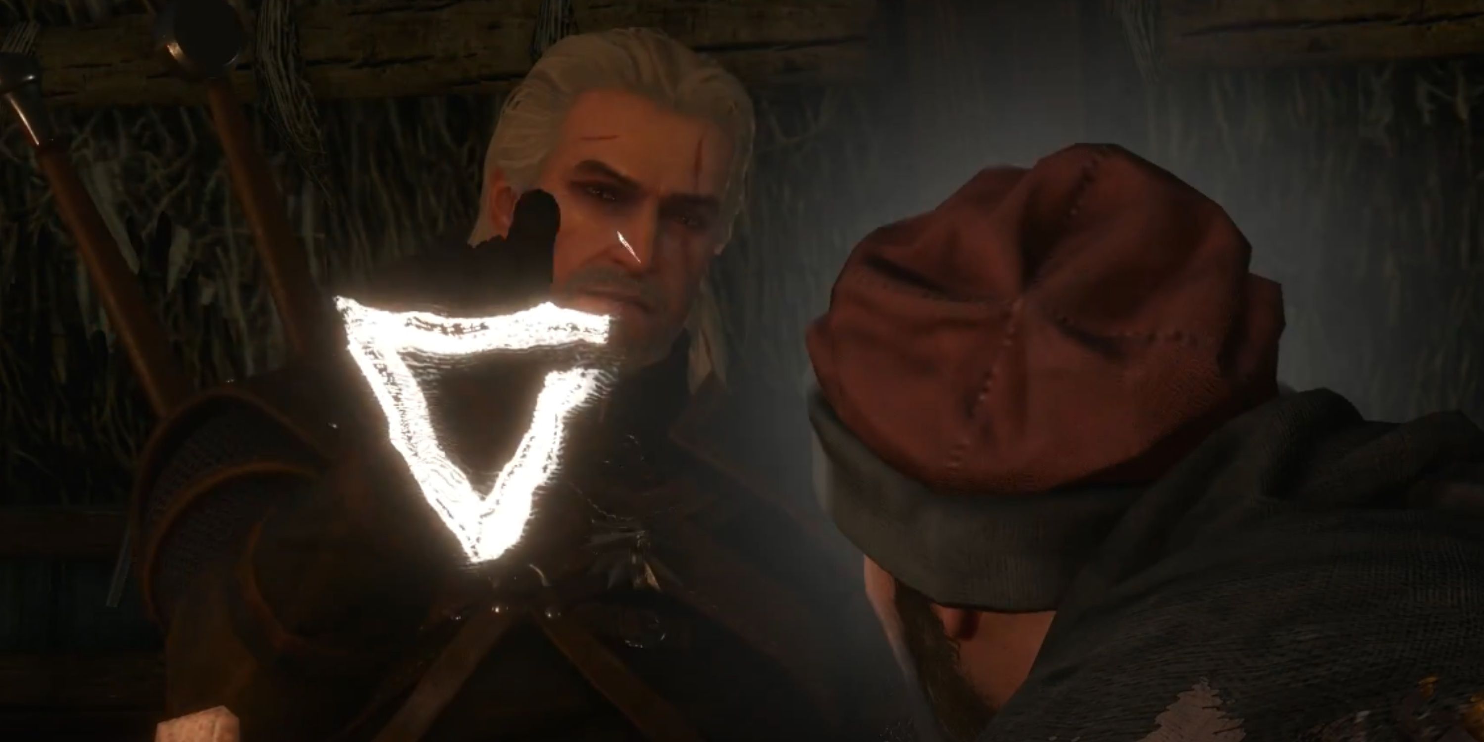 Geralt uses the Axii Sign on a peasant in The Witcher 3.